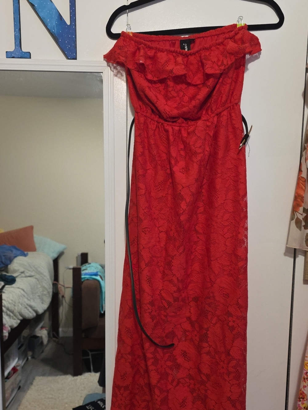 Trixxi Red Strapless Lace Maxi with Ruffle Neckline And Black Belt